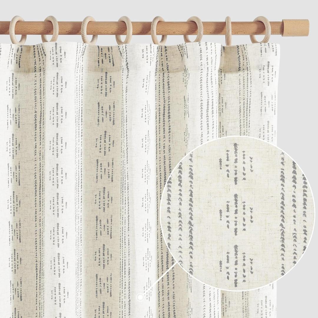 jinchan Boho Stripe Curtains for Living Room Farmhouse Linen Grey Curtains 96 Inch Length 2 Panels for Bedroom Geometric Striped Mudcloth Light Filtering Window Drapes Back Tab Gray on Flax