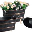Galvanized Metal Oval Planter Buckets with Handles  Set of 3 Rustic Farmhouse Flower Tubs with Drain Holes & Plugs, Vintage Small Pots for Herbs, Succulents, Wedding or Tabletop Decor (Black)