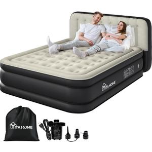 YITAHOME 18'' Flocked Top Queen Air Mattress with Built-in Pump and Headboard, Durable Inflatable Bed, Blow-Up Mattress for Indoor and Outdoor Use, Black
