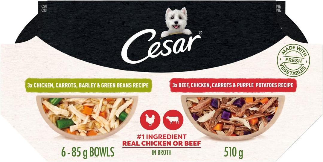 Cesar Wholesome Bowls Adult Wet Dog Food, Chicken, Carrots, Barley & Green Beans Recipe and Beef, Chicken, Purple Potatoes & Carrots Recipe Variety Pack, Wet Food for Dogs, 3 oz., 6 Count, BB: 05/21/2027