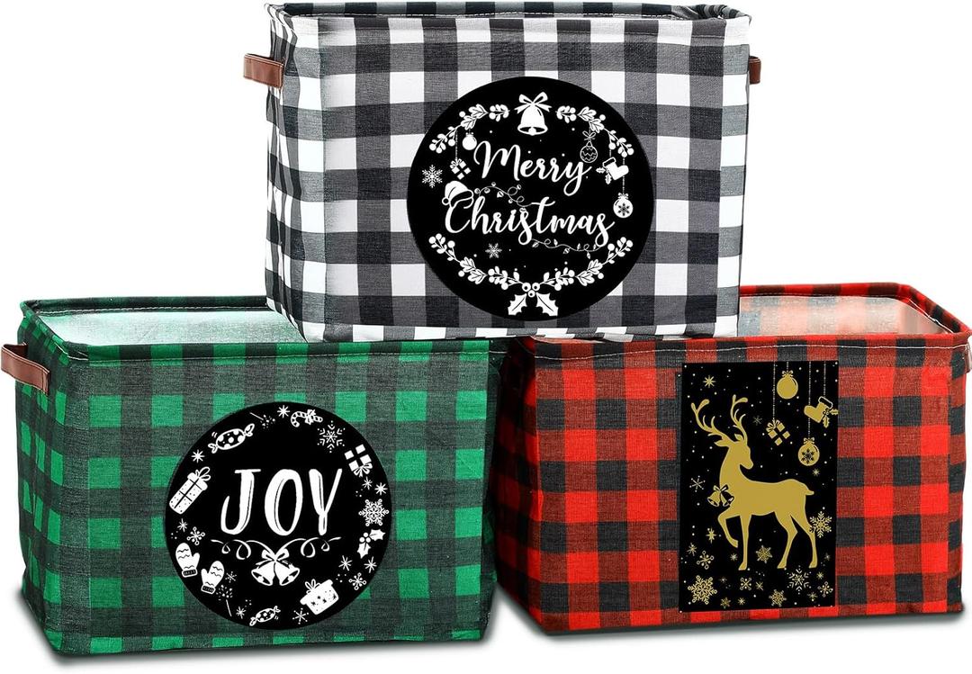 Capoda 3 Pcs Large Christmas Storage Baskets for Gifts 15 x 9.5 x 11'' Foldable Christmas Storage Bin with Handles Empty Green Red Buffalo Plaid Laundry Organizer for Holiday Office Bedroom Cloth Toy
