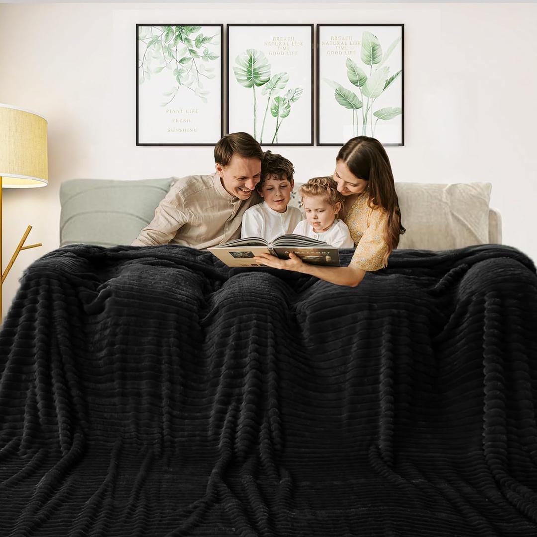Excervent Solid Oversized Flannel Fleece Blanket (120x120 inches, Black) Cozy Throw Blankets for Couch Sofa and Bed, King Size 10'X10' Super Soft Luxurious Warm Striped Blankets for Household Bedroom