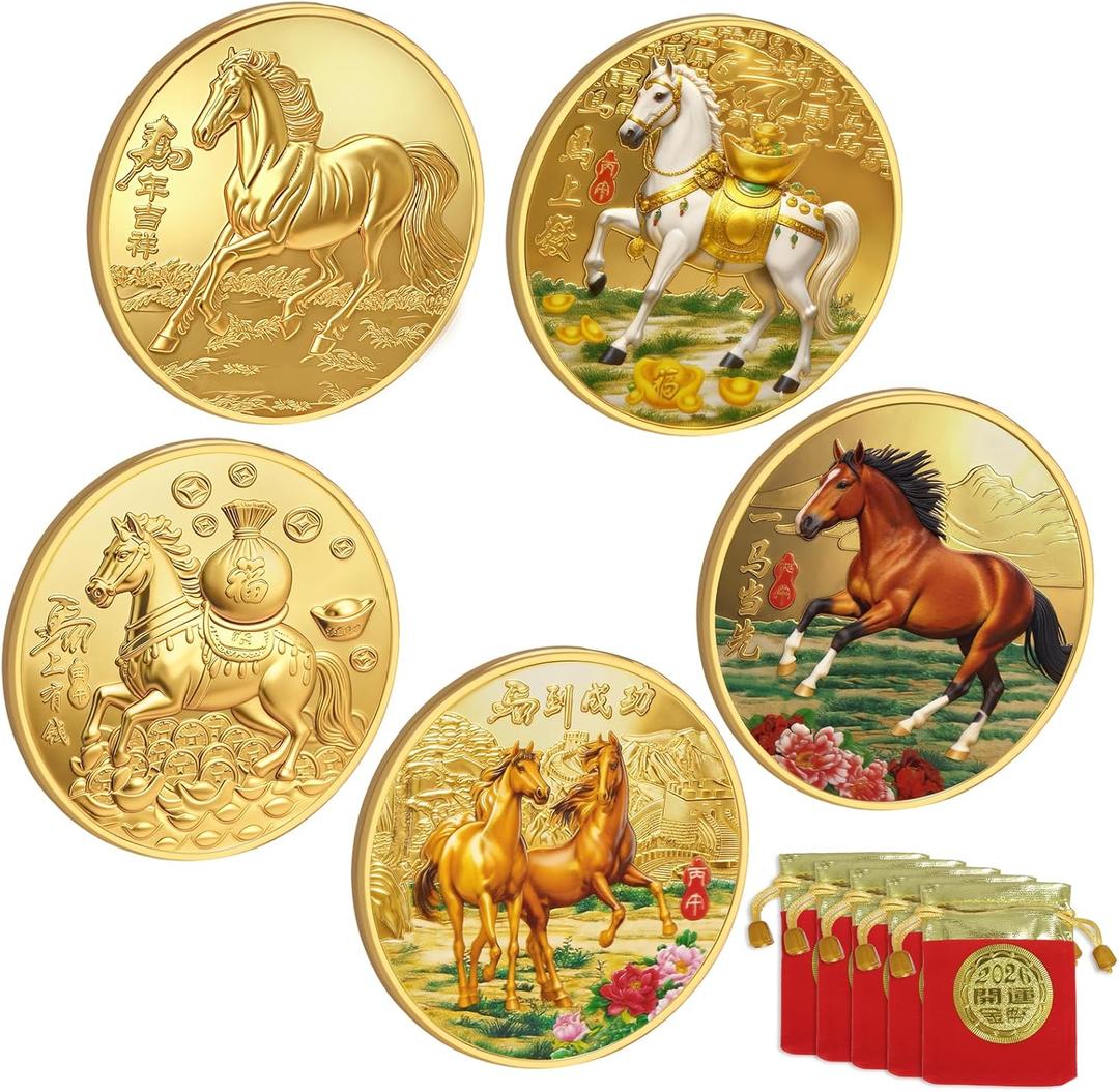 5 Pack Horse Commerative Coin with Chinese Fu Bags 2026 Chinese New Year of Horse Decoration Chinese Lucky Coin Metal Chinese Coins for Wealth and Success New Year Present Gifts