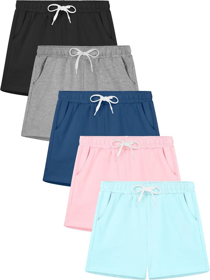 Poroka 5 Pack Girls Athletic Shorts Active Performance Shorts Kids Summer Sports Running Yoga Short with Drawstring Black, Grey, Navy, Pink, Blue, 12-14 Years