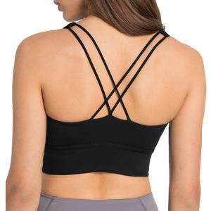 Lemedy Women Strappy Cross Back Yoga Workout Sports Bra Longline Crop Tank Top (Medium, Black)