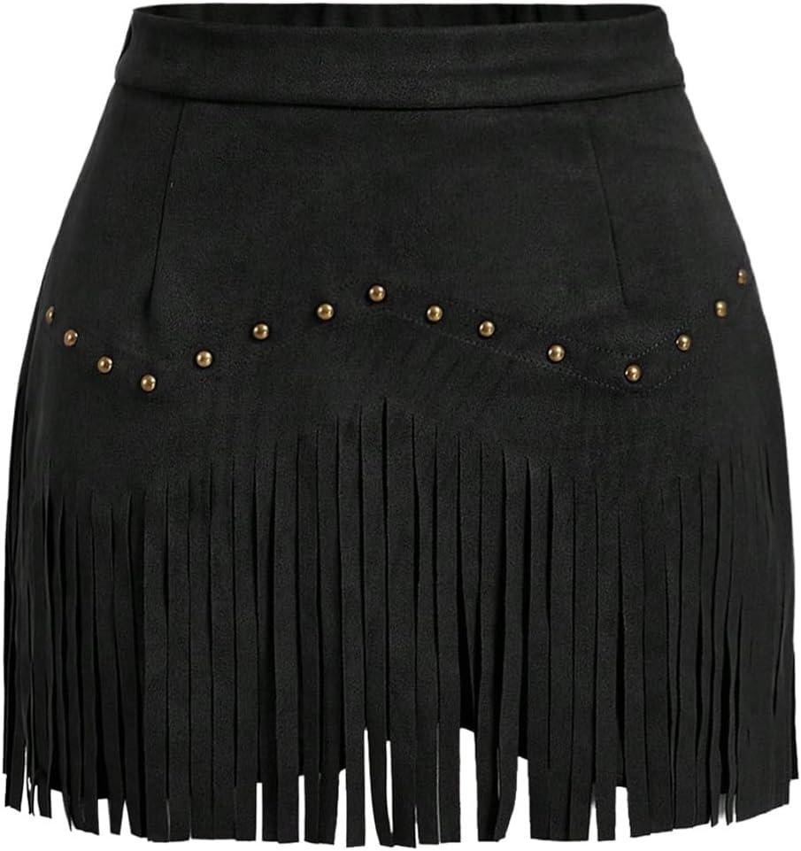 SweatyRocks Women's Suede Fringe Sexy Cowgirl Skirts Country Concert Outfit Western High Waisted Skirt (Large, Black)