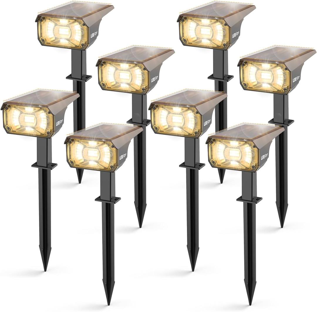 LEREKAM 3 Brightness Modes Solar Outdoor Lights, 360 Degree Adjustable Lighting Angle with 40 LED's, Spotlights Outdoor Waterproof Auto On or Off Solar Garden Lights 8 Pack (Warm White)