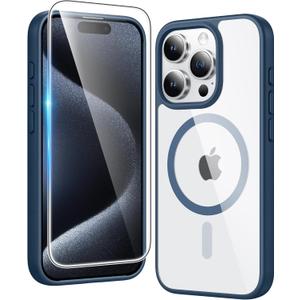 FNTCASE for iPhone 15 Pro-Max Case: Clear Magnetic Phone Cases with Screen Protector Compatible with Magsafe Slim Anti Yellowing Rugged Shockproof Protective Transparent Cell Phone Cover (Blue)