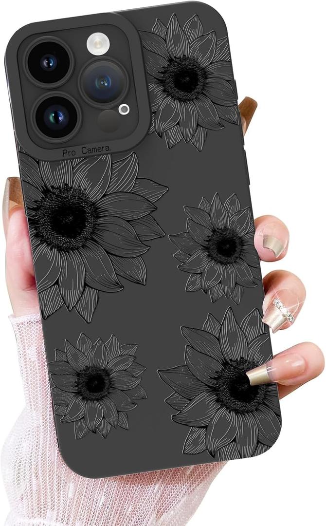 OOK Floral case for iPhone 15 Pro Case, Cute Sunflower Floral Blooms Design Soft TPU Shockproof Protective for Women Girls Phone Cover - Black Flower