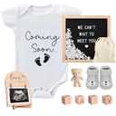 9 Pcs Pregnancy Announcements Set, Include Felt Letter Board Baby Bodysuit Shoes and Wooden Sign Surprise Announcement for Grandparents Partner Gift Family Reveal(White Coming soon-grey shoe)
