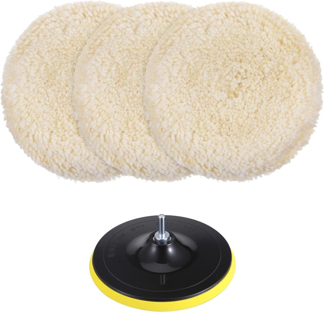 3 PCS Wool Buffing Pad 7 Inch Natural Wool Pads Car Polishing Pad with Hook and Loop for Cleaning and Polishing for Car Boats Trucks and RVs with 1 pcs base, Wools Sheepskin Material Quick Attachment