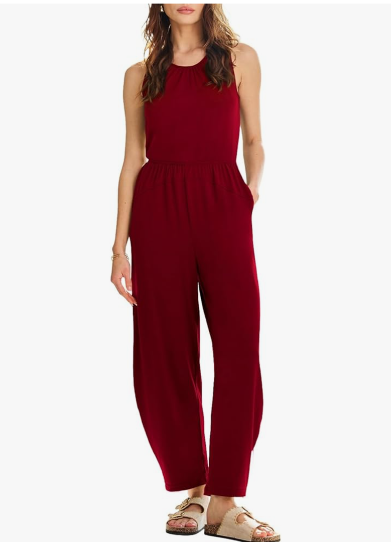 Happy Sailed Womens Jumpsuit Casual Crew Neck Sleeveless Jumpsuits High Waist Long Pant Rompers with Pockets S