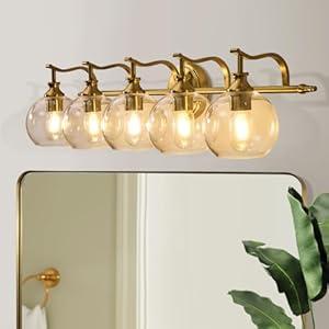 ANDY STAR Brushed Gold Bathroom Light Fixtures, 5-Light Vanity Lights for Mirror, Modern Bathroom Wall Sconces Lighting with Globe Clear Shade Up or Down Wall Mounted for Bedroom, Living Room, Hallway