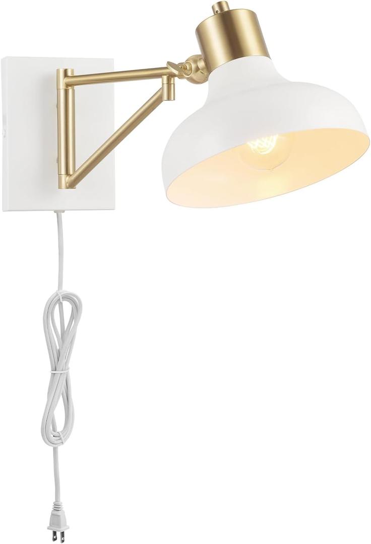 GLOBE Electric 51344 1-Light Plug-in or Hardwire Swing Arm Wall Sconce, White, Brass Accents, White-Cloth Cord, Mounted Bedside Lamp, Kitchen Sconces Wall-Lighting, Bulb Not Included