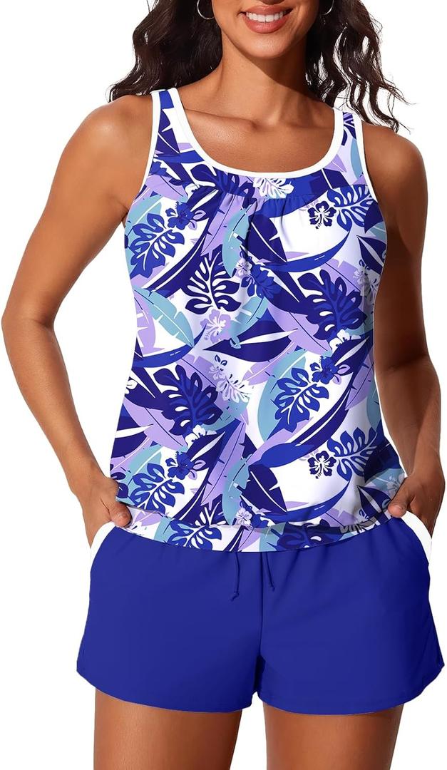 Summer Mae Blouson Women's Tankini Swimsuits Tummy Control Modest 2026 Two Piece with Sporty Pockets Bathing Suits (Blue, L)