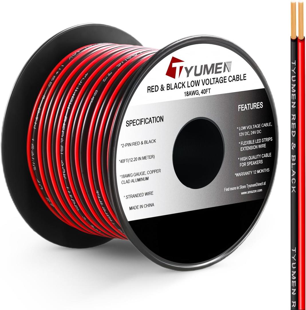 40FT 18 Gauge 2pin 2 Color Red Black Cable Hookup Electrical Wire LED Strips Extension Cord 12V/24V DC Cable, 18AWG Flexible Wire Extension Cords for LED Ribbon Lamp Tape Lighting