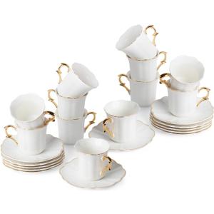 BTaT Espresso Cups and Saucers, 2.4 oz, Set of 12, Gold Rim and Gift Box, Demitasse Cups (White)