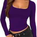 ForeFair Women Square Neck Long Sleeve Going Out Tops Tight Double Lined Basic Tees Shirt (Small, Dark Purple)