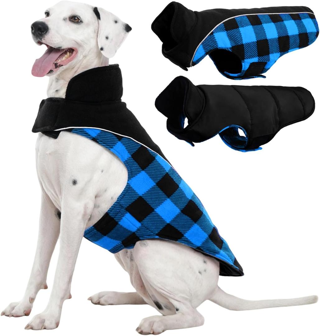 Kuoser Dog Winter Coat, Reversible Waterproof Dog Jacket with Reflective Strip, Warm Dogs Fleece Vest Adjustable Doggy Cold Weather Clothes Plaid Christmas Outfit Pet Apparel for Large Dogs, Blue XL (