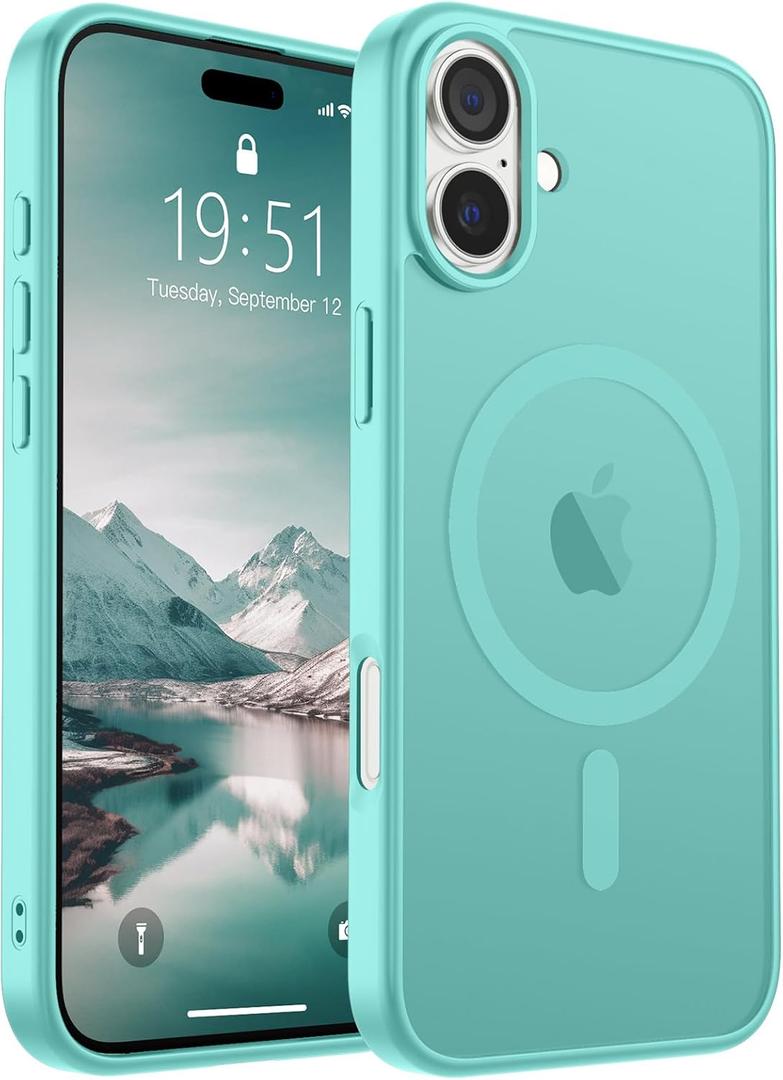 SUPFINE Magnetic for iPhone 16 Case (Compatible with MagSafe) (Military Grade Drop Protection) Slim Translucent Matte Shockproof with Anti-Fingerprint Phone Case, Blue Green