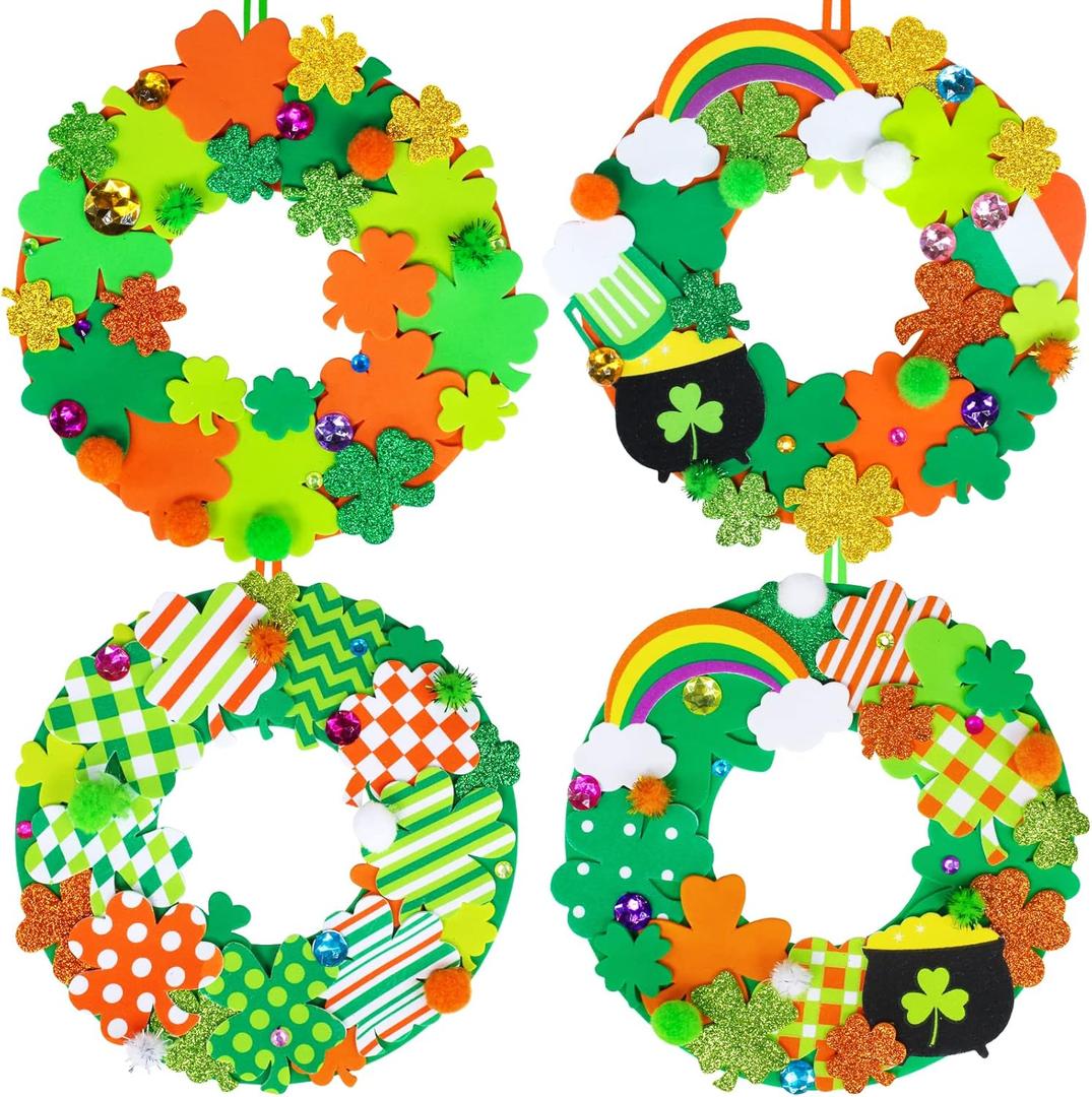 Winlyn 12 Sets St. Patrick's Day Shamrock Wreath Sign Decorations Foam St. Patrick's Day Craft Kits Lucky Shamrock Four-Leaf Clover Rainbow Foam Stickers for Kids Party Favors Classroom Activities