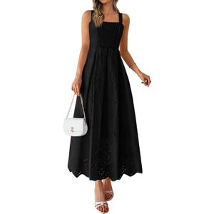 PRETTYGARDEN Womens Sleeveless Maxi Summer Dresses 2026 Hollow Out Eyelet Square Neck Ruffle Flowy Beach Vacation Sundress, Small 