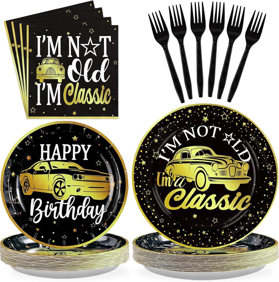 Grencian 96Pcs Classic Car Party Decorations Vintage Car Birthday Plates and Napkins Tableware Sets Old Theme Classic Party Favors for Adult Mens Racing Cars Theme Birthday Supplies Serve 24
