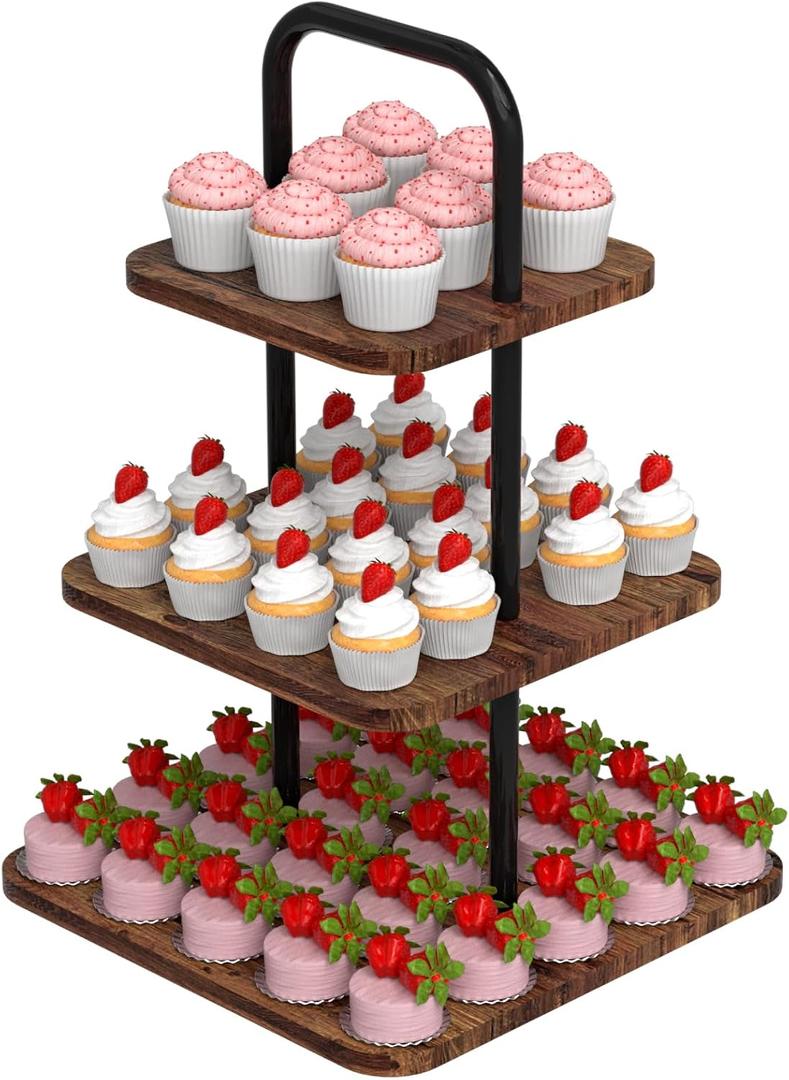 VyGrow Cupcake Stand, 3-Tier Dessert Stand for 32 Cupcakes, Wood & Metal Tower Display Premium Holder Dessert Tree Tower for Christmas Birthday Weddings Party Decor, Serving Tray, Wood Brown