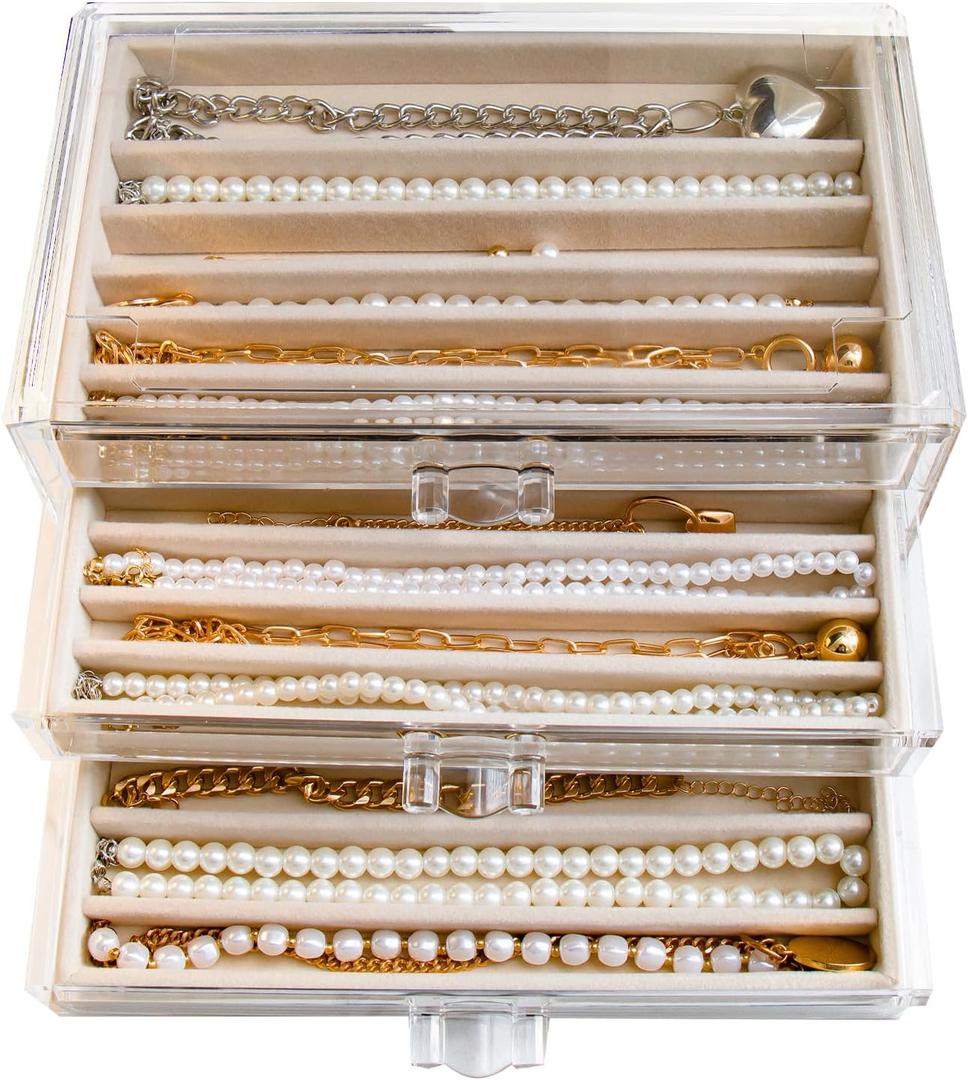 Necklace Holder Organizer, Dustproof Necklace Box Velvet Necklace Organizer Box with Lid Clear Acrylic Dustproof Stackable Jewelry Displays for Necklaces Chain Display (Beige, 3 Drawer)