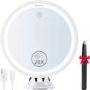 20X Magnifying Mirror with Light, Lighted Makeup Mirror with Magnification, 8 Rechargeable Vanity Mirror with Power Suction Cup and Tweezers, 360 Swivel Portable for Home Travel Bathroom