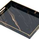 Serving Tray, Modern Plastic Food Trays for Eating on Lap Decor Coffee Tray with Handles Rectangular Non-Slip Candle Plate, 15.7"x11.8"x1.6" Large Drinks Platter for Kitchen/Living Room/Bedroom (Black)