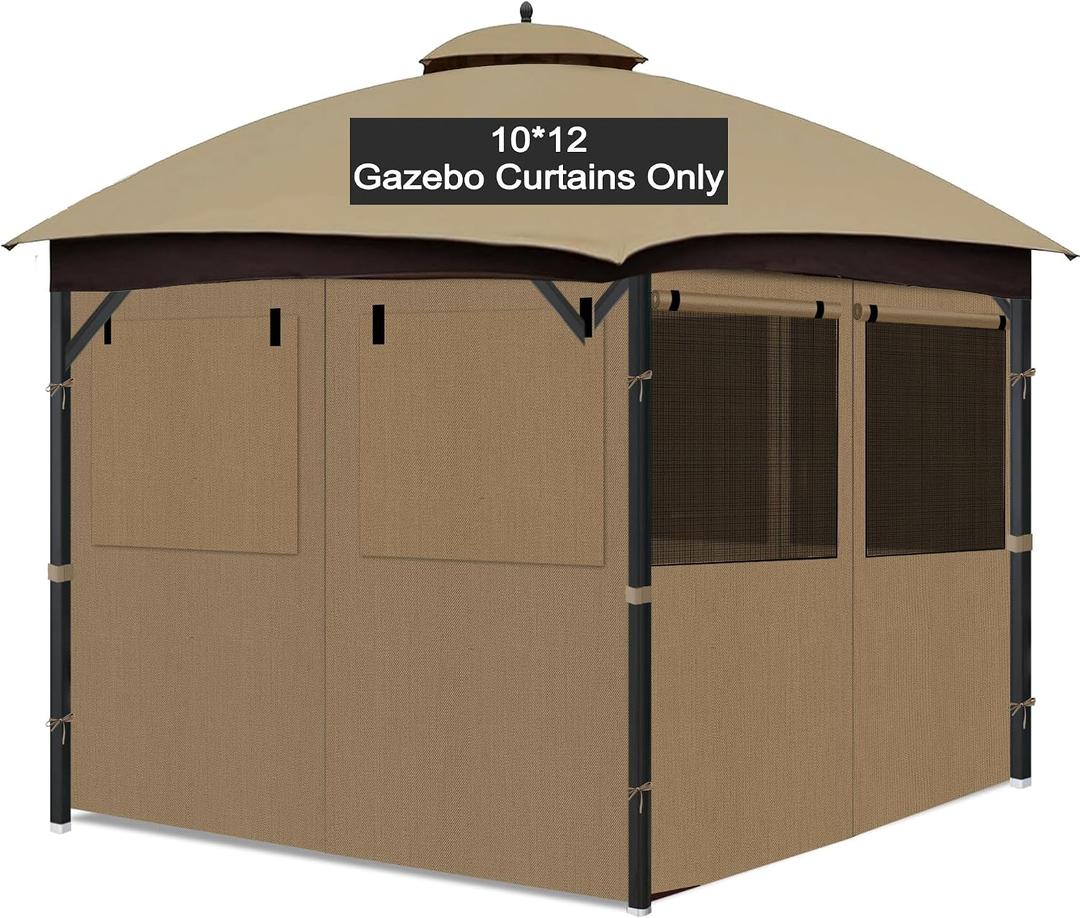 Gazebo Privacy Curtain 10'x12', Replacement Curtains with Mosquito Net Windows, 4-Panels Side Wall, Zippers, Waterproof Outdoor Curtains for Patio, Canopy, Garden and Backyard, Khaki (Curtain Only)