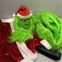 Christmas Green Costume for Men 7 Pcs Furry Adult Santa Claus Costume Mask Santa Suit Large