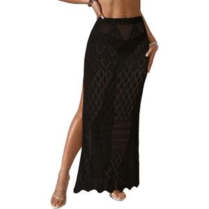 BreathSunny Women's Crochet Knit Elastic Waist Beach Dress 2026 Summer Outfits Side Slit Bathing Suit Cover Up Maxi Skirt (Large)