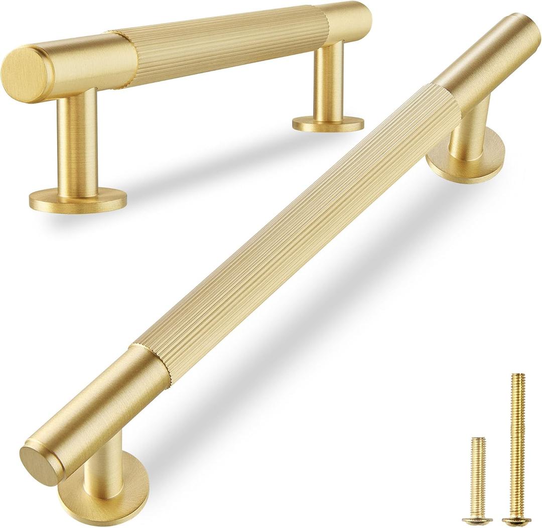 QOGRISUN 5-Pack Solid Brass Cabinet Pulls, Grooved Gold Bar Handles, 5-Inch Hole Center for Kitchen Drawer Dresser Cupboard, 6.5-Inch Total Length, Brushed Brass Finish Eleganza