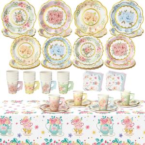 Yungyan 97 Pcs 24 Guests Tea Birthday Party Supplies Disposable Tableware Set 9 oz Paper Tea Cups with Handle 7" 9" Paper Plates Napkin Tablecloth for Floral Party Wedding Baby Shower (Sweet Style)