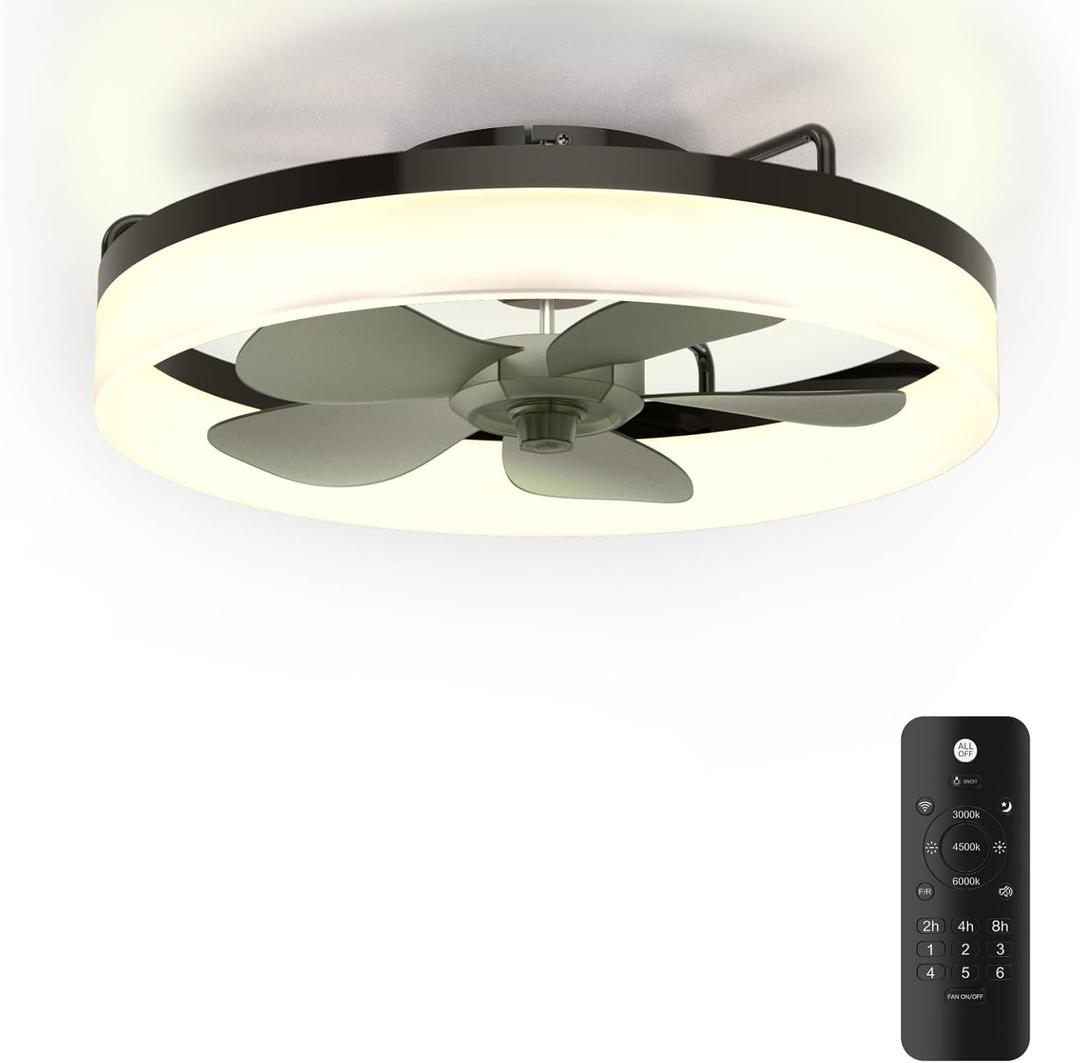 19.7'' Modern Ceiling Fans with Lights and Remote, Low Profile Ceiling Fan with 6 Speeds, 3000K-6500K Dimmable Fandelier LED Fan Light for Bedroom Living Room