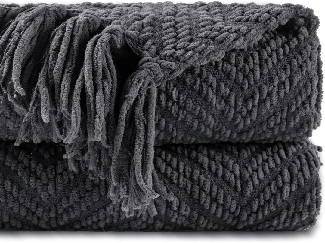 BATTILO HOME Dark Grey Throw Blanket for Couch, Knit Charcoal Throw Blanket Versatile for Chair, 50 x 60 Inch - Super Soft Warm Grey Blanket with Tassels for Bed, Sofa and Living Room