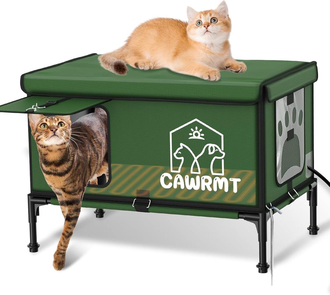 Elevated Heated Cat House for Outdoor Cats in Winter, Waterproof, Fully Insulated, Outside Feral Cat Shelter Weatherproof for Stray Barn Cat (Green, Medium)