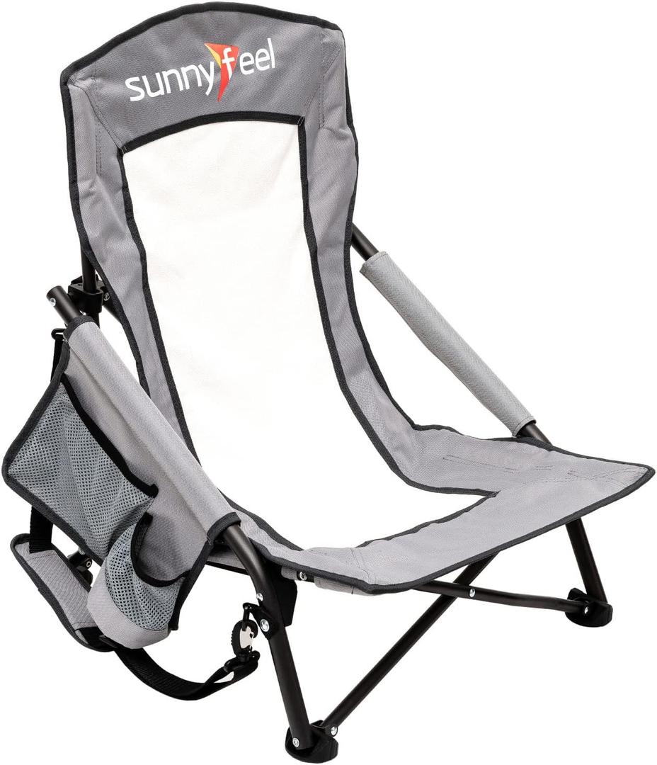SUNNYFEEL Low Folding Beach Chair for Adults, Portable Lightweight Sling Beach Camping Chairs with Cup Holder, Armrest,Foldable Camp Lawn Chair for Outdoor Sand Concert Travel Sport Events,300LBS (Grey)