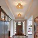 Boho Rattan Ceiling Light Fixtures Boho Lamp Shade Flush Mount Ceiling Light Hand-Woven Small Chandelier Wooden Base Chandelier Light for Hallway Bedroom Kitchen Nursery