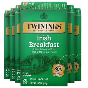 Twinings Irish Breakfast Black Tea Individually Wrapped Bags, 20 Count (Pack of 6), Flavourful, Robust Black Tea, Caffeinated, Enjoy Hot or Iced, 120 Teabags (EXP 03/22/29)