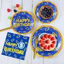 96 Pcs Cartoon Blue With Gold Ring 5th Birthday Party Supplies Gold Ring Birthday Party Plates Disposable Cartoon Theme Paper Tableware Set for 5 Years Old, Serves 24