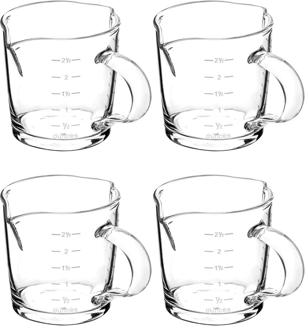QWORK Espresso Shot Glass with Handle, 4 Pack 3-Ounce Double Spout Glass Measuring Cup Triple Pitcher Milk Cup with Two Scales (OZ&ML)
