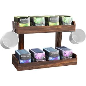2 Tier Tea Bag Organizer for Counter, Wooden Teabag Holder with Adjustable Partitions and 2 Hooks, Tea Bag Storage Organizer Rack for Office, Kitchen, Cabinet, Pantry