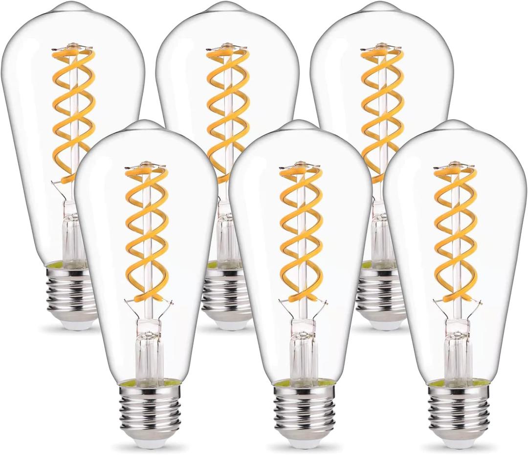 ST58 (ST19) LED Edison Bulbs 60 Watt Equivalent, CRI 80+, High Brightness Soft White 2700K Clear Glass, Dimmable Antique LED Filament Bulbs, E26 Medium Base, 6 Pack
