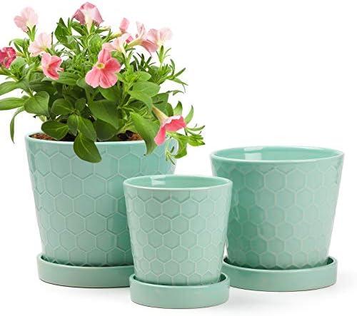 BUYMAX Plant Pot –4”+5”+6” inch Ceramic Pots for Plants with Drainage Holes and Ceramic Tray - Gardening Home Desktop Office Windowsill Decoration Gift Set 3 - (Mint Green)