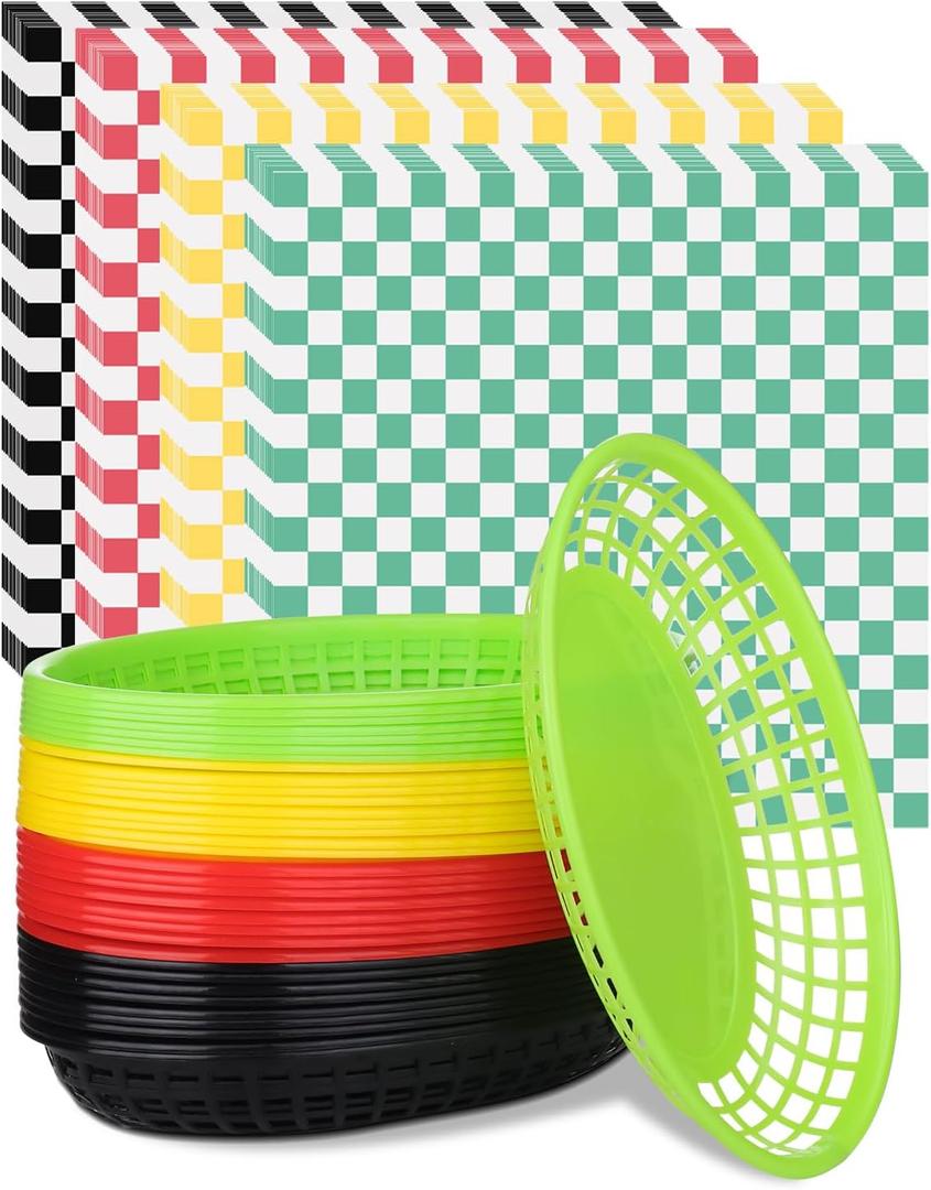 40Pack Reusable Plastic Food Baskets with 100 Liners, Bread Fry, Plastic Fast Food Baskets for Chicken, Hot Dogs, Fries, Sandwiches and Picnic, Party (Multiple Colors) (Colorful)