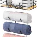 Towel Holder Wall Mounted for Small Bathroom Wall, Roll Towel Rack with 3 Hooks and Wooden Shelf, Drilling and No-Drill Installation Options, Black