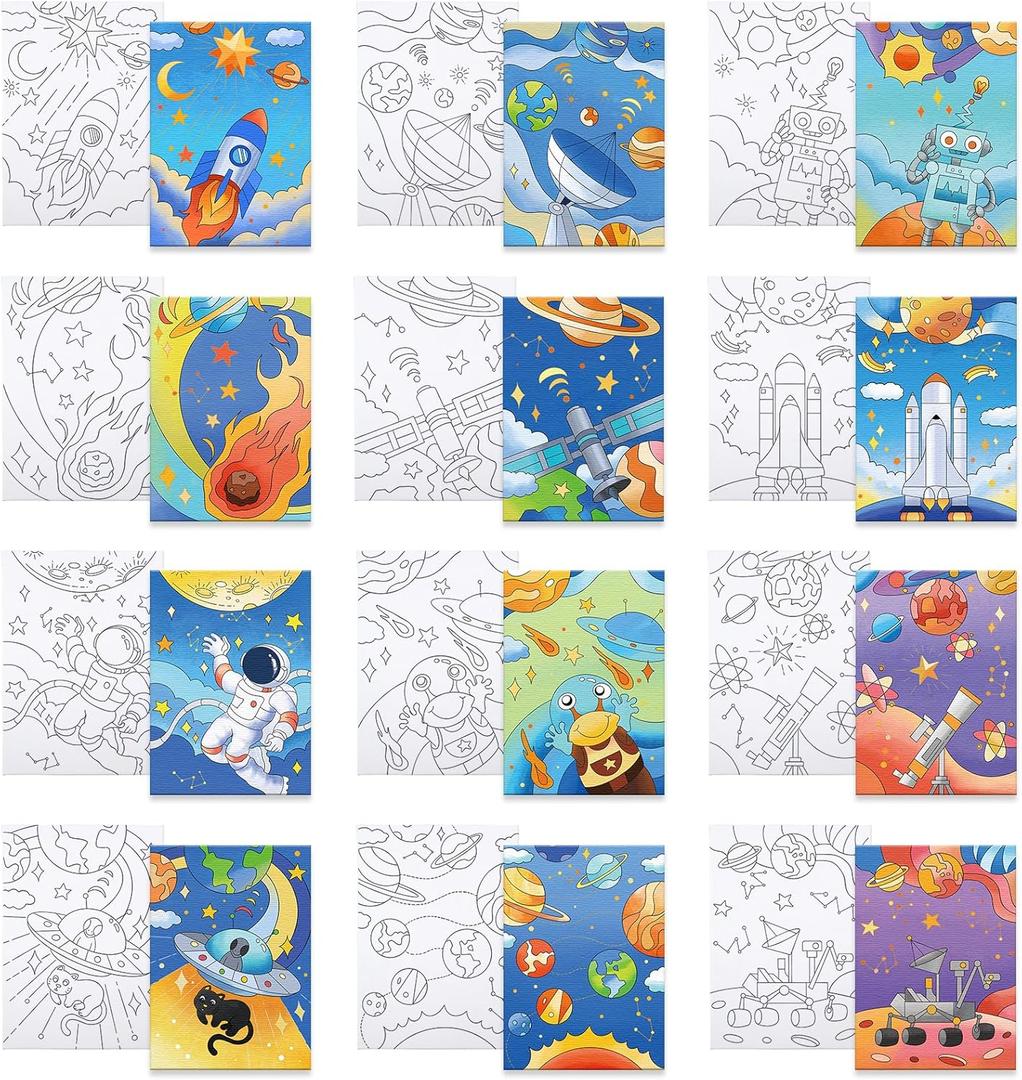 12 Packs Pre Drawn Canvas to Paint, Space Party Favors Pre Printed Canvas, Pre Stretched Canvas Outline Painting Boards for Beginners, Party Favor (5" X 7")
